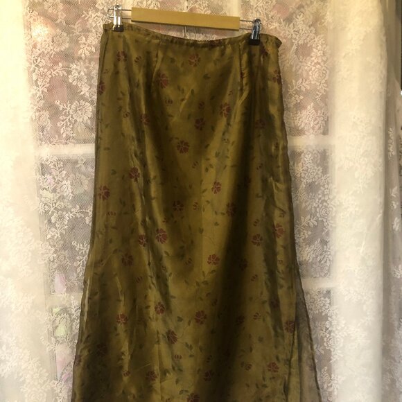 Vintage 90s Kathie Lee M/L bronze Chiffon Overlay Maxi Skirt red Floral Y2K - Picture 1 of 7